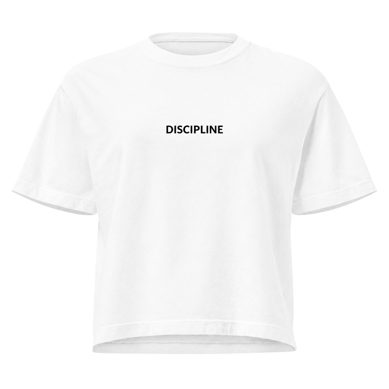 The DISCIPLINE women’s boxy tee in white, laid flat, front