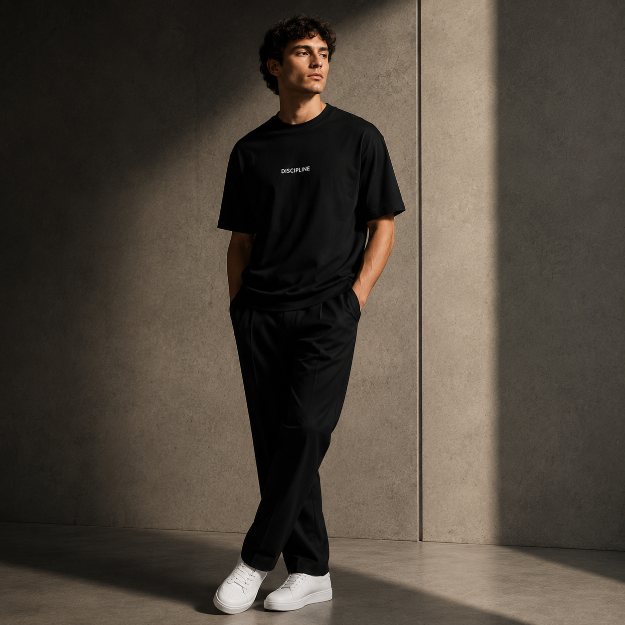 Model wearing the DISCIPLINE tee against a sunlit concrete wall