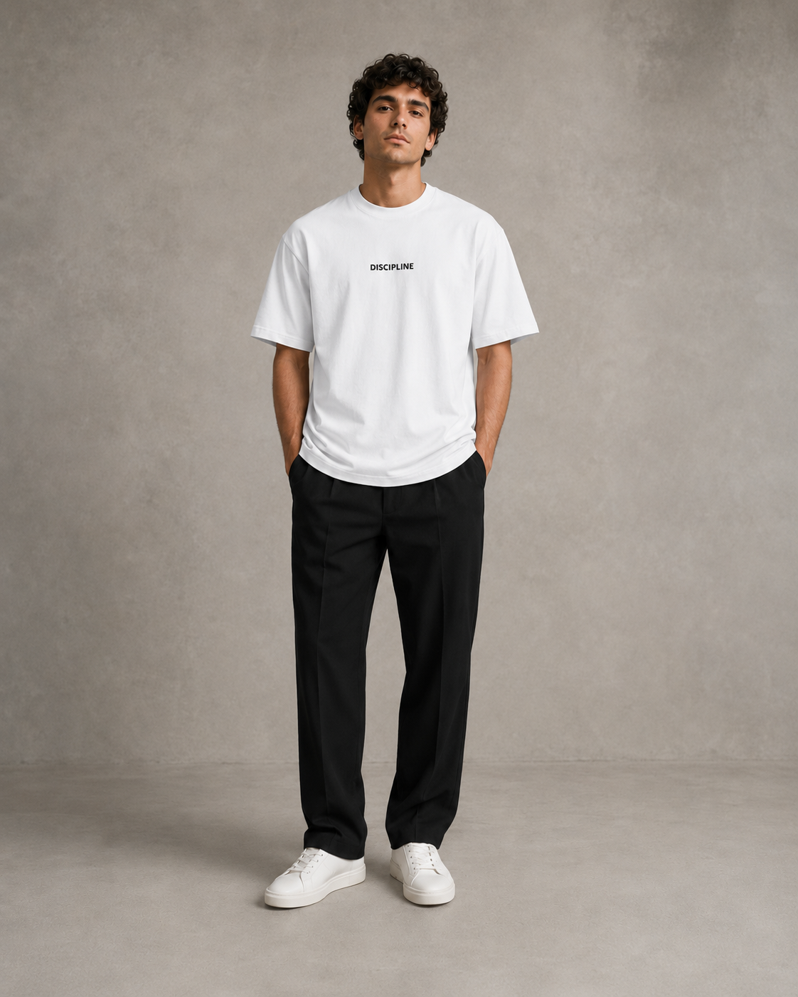 DISCIPLINE tee in white, full length